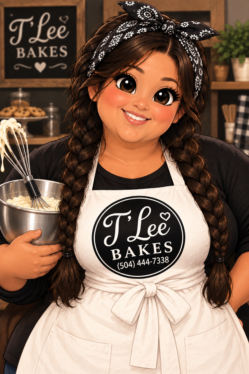 Illustration of the T’Lee Bakes baker in a branded apron